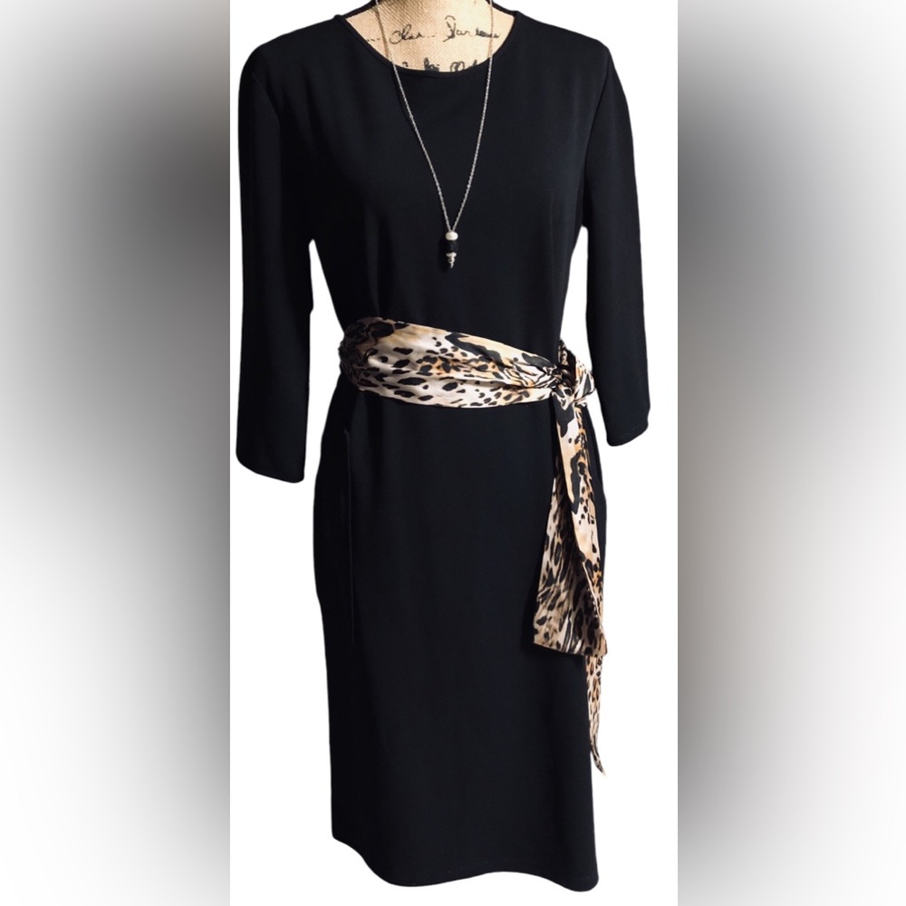 ZARA LONG SLEEVE BLACK DRESS w/Animal Print Tie @Waist & 2 Front Angled Pockets